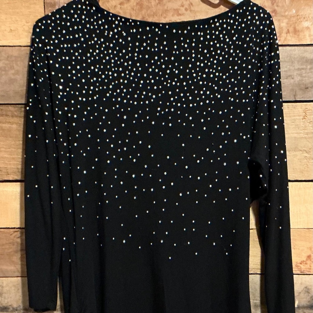 PREMISE Black Silver Studded 3/4 Sleeve Short Bodycon Dress Ruched Sides L Chic